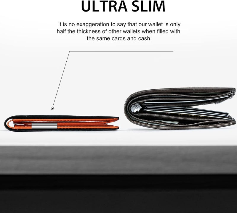 GSOIAX Mens Slim Wallet for Men Minimalist Genuine Leather Carbon Fiber Rfid Blocking Bifold Credit Card Holder With Gift Box (Carbon and Orange -money clip) - Image 2